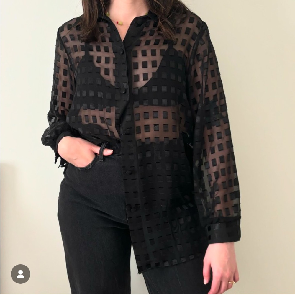 Vintage Abstract Sheer Black Blouse Shimmer Squares Geo Layering Shirt Top Retro